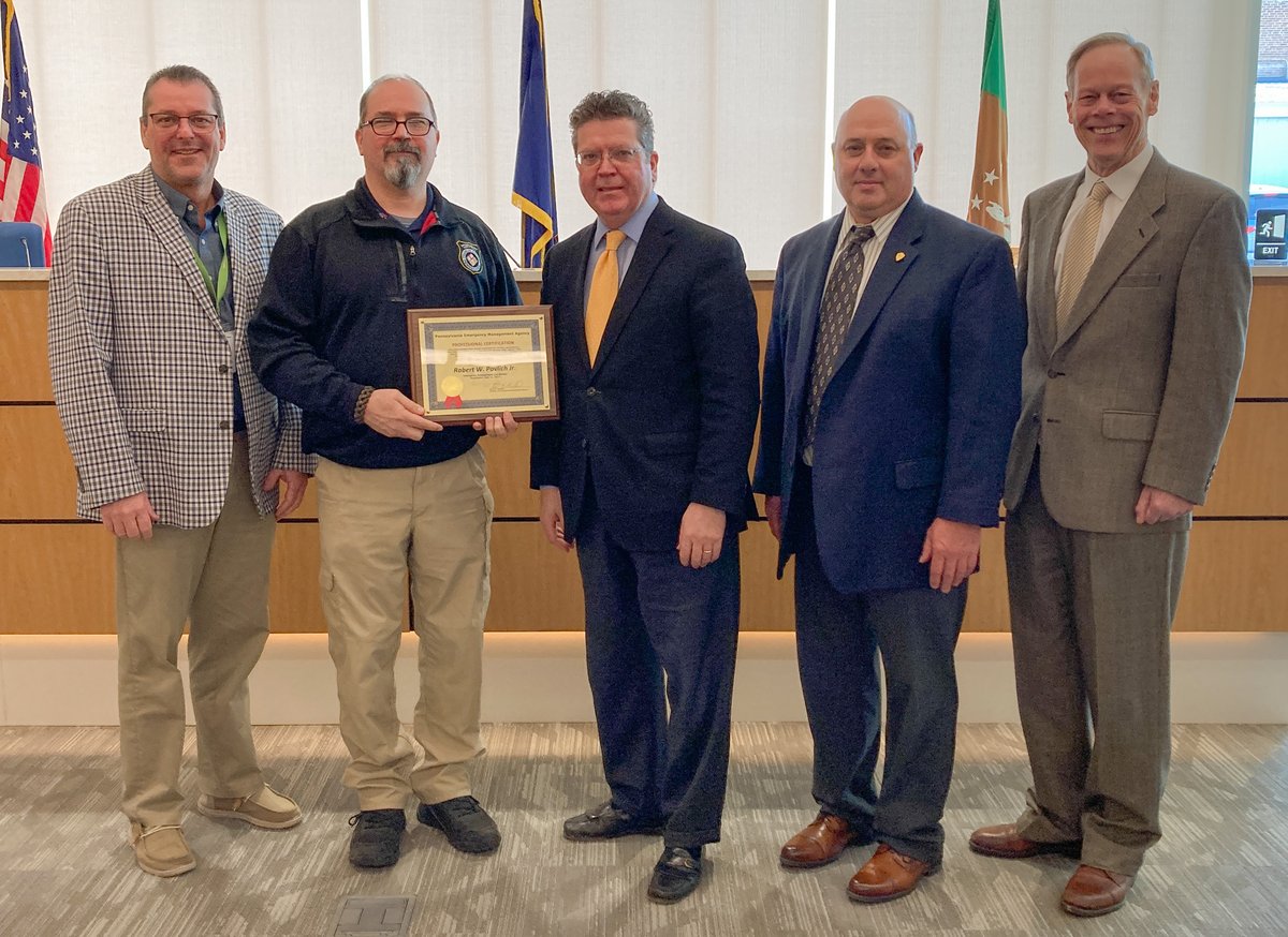 Congratulations to Robert Povlich, director of <a href="/Emrgncy_Svc28/">FranklinPA Emgcy Svc</a>, who received his 
<a href="/PEMAHQ/">Pennsylvania Emergency Management Agency</a> professional certification. This certification is a requirement for all emergency management coordinators.