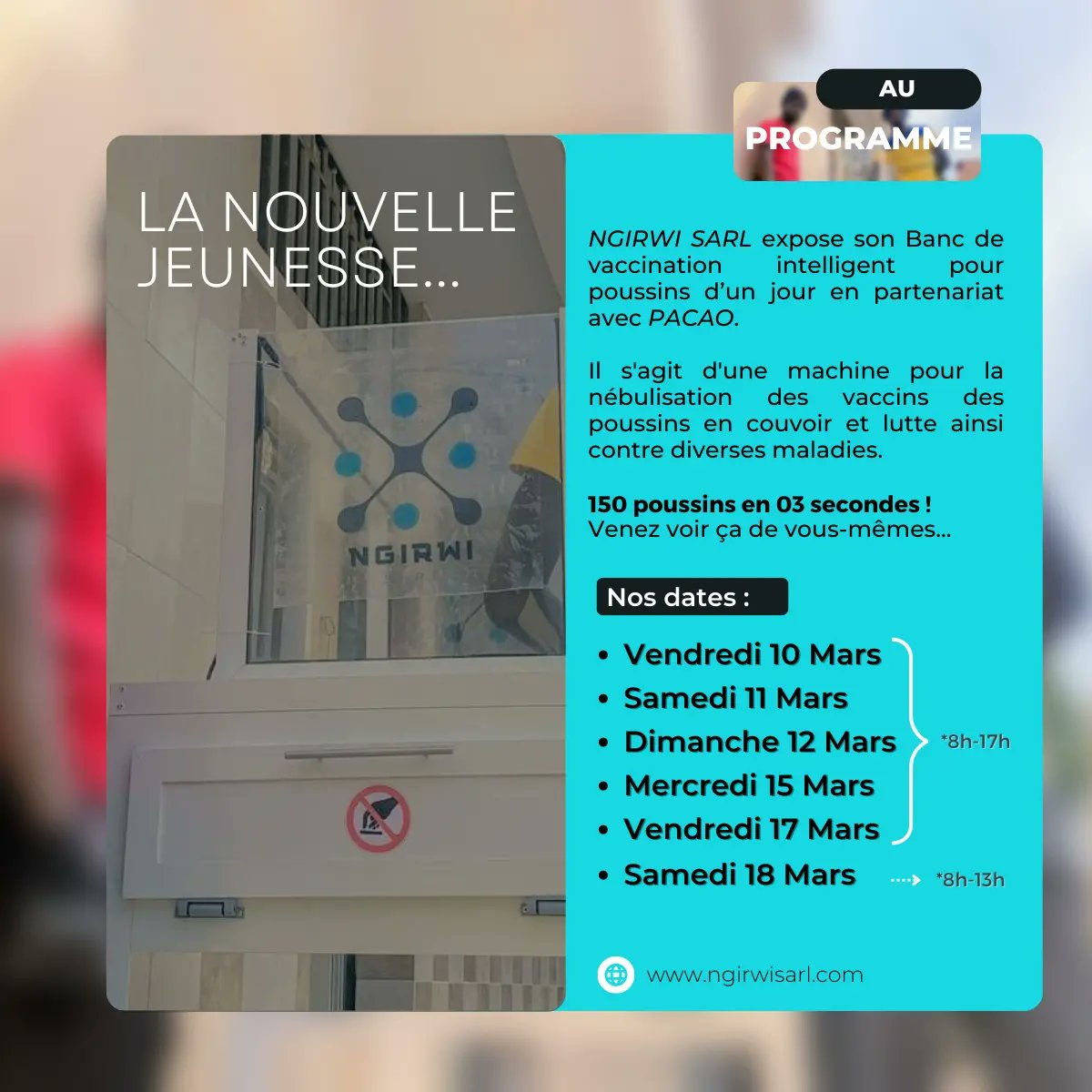 ngirwi's tweet photo. 🥁 NGIRWI SARL participe à la #FIARA2023 ! 

🤯 Capable de vacciner 150 poussins en 03s, notre banc de vaccination #BENCH y sera exposé 🐣
Toute la journée une équipe dynamique est à votre disposition. Rejoignez-nous à partir de ce vendredi 10 au samedi 18 mars au #CICES 🗓 https://t.co/nDvZ2D1rKm