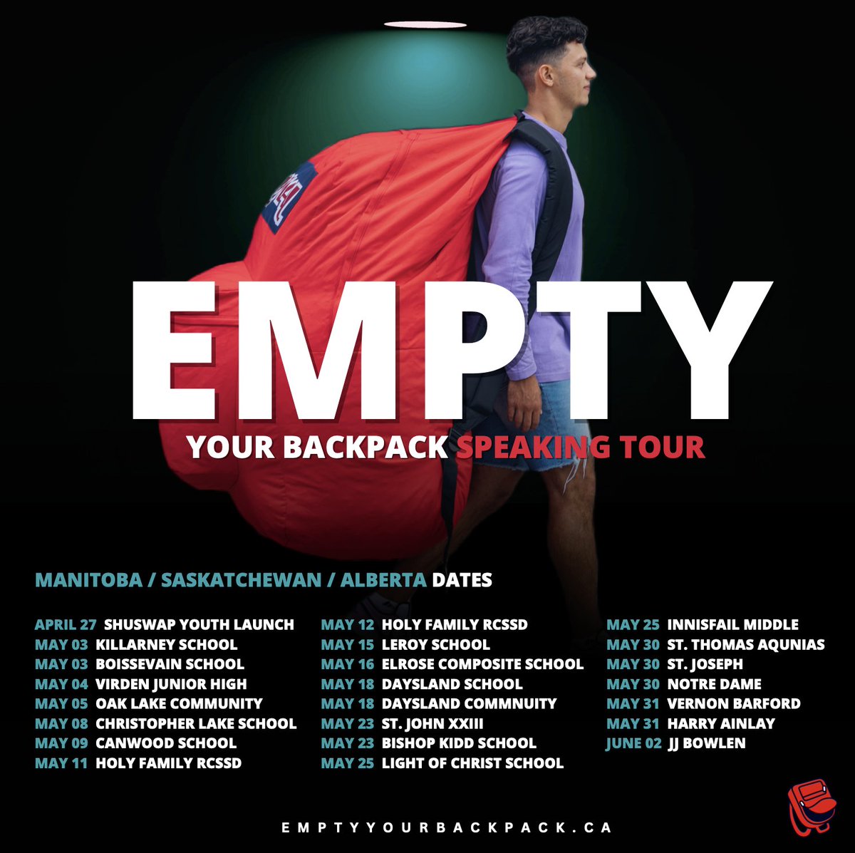 Sam_Demma's tweet photo. Manitoba, Saskatchewan, Alberta... WEβRE COMING β€οΈπ
We are still looking to book two schools in Manitoba, one school in Saskatchewan, and four schools in Alberta.
Send me a message if youβd like to secure a date for your school/event.
#EmptyYourBackpackTour
#EmptyYoutBackpack https://t.co/PABvgugSgl
