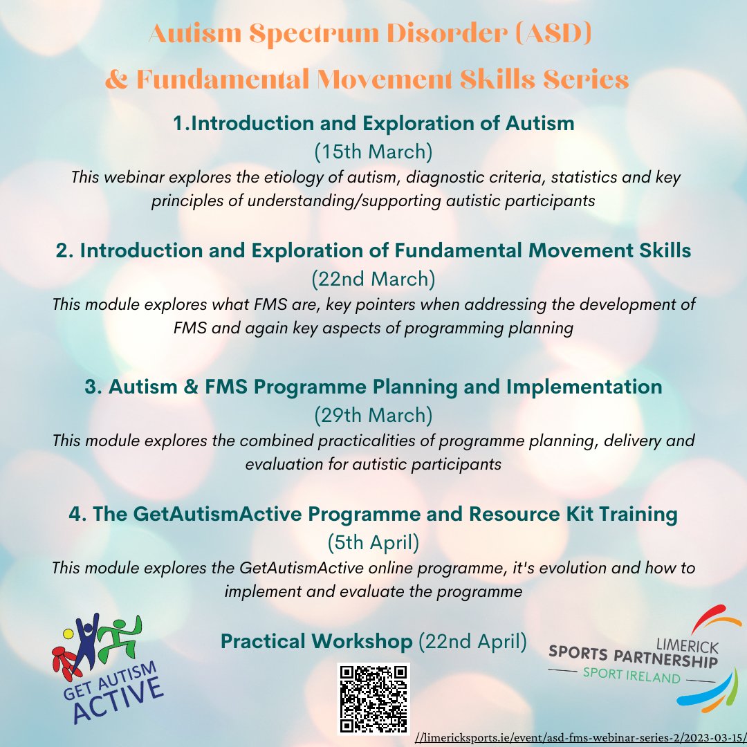 Limericksports's tweet photo. ⭐ ASD & Fundamental Skills Webinar Series
ℹ️ LSP in partnership with ‘Get Autism Active’, are holding a series of weekly webinars and a workshop on Autism Spectrum Disorder and FMS.
🔗 https://t.co/NBOcJb1WN9
@getautismactive @Limerick_ie
#GetAutismActive #ActiveLimerick https://t.co/vKho3fr1AJ