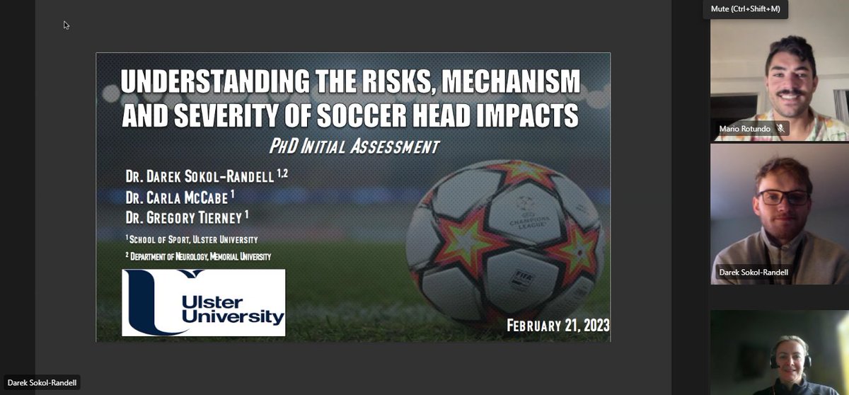 UlsterSchSport's tweet photo. 🤩PhD ASSESSMENTS🤩

Congratulations to our PhD Researchers @MPRotundo and @DSokolRandell who successfully completed their Initial Assessments. 👏👏

These projects are related to Head Impacts/Head Acceleration Events within #GAA &amp; Soccer; supervised by Dr Greg Tierney et al!🧠⚽️ https://t.co/vjWj9PrAsa
