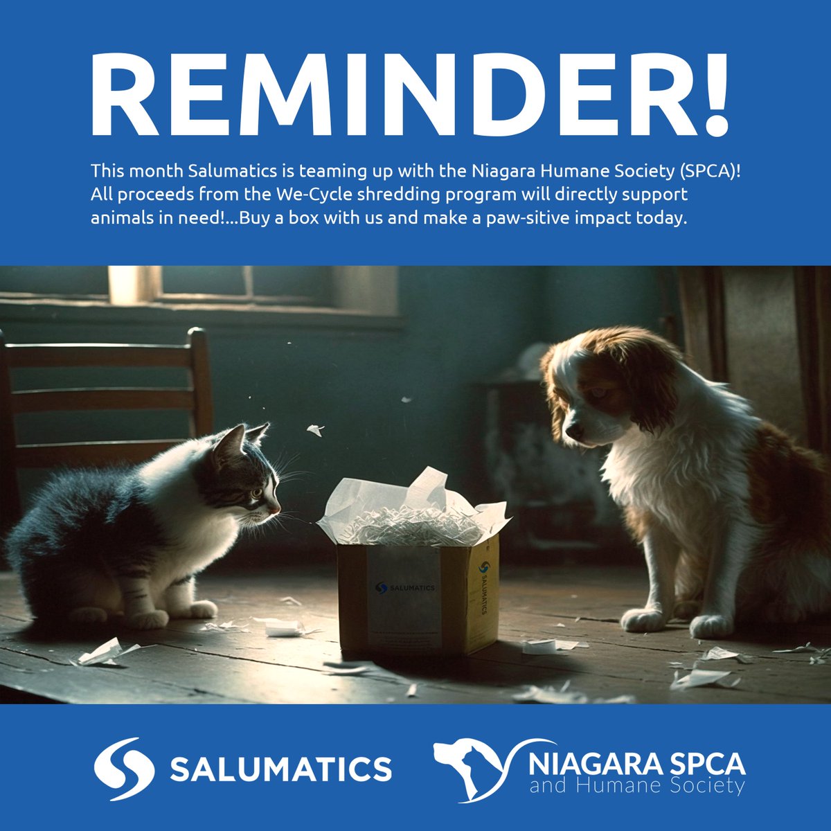 Salumatics (@salumatics) on Twitter photo REMINDER - when you shred with us this month, you are directly supporting the safety and care of animals!
Buy a box TODAY so we can make sure our furry friends find a home! <a href="/Niagara_SPCA/">Niagara SPCA & Humane Society</a> <a href="/OntarioSPCA/">The Ontario SPCA and Humane Society</a> <a href="/NSPCA_AnmlServ/">Niagara SPCA Animal Services</a> #SPCA #WeCycle #papershredding #DigitalTransformation #Niagara REMINDER - when you shred with us this month, you are directly supporting the safety and care of animals!
Buy a box TODAY so we can make sure our furry friends find a home! <a href="/Niagara_SPCA/">Niagara SPCA & Humane Society</a> <a href="/OntarioSPCA/">The Ontario SPCA and Humane Society</a> <a href="/NSPCA_AnmlServ/">Niagara SPCA Animal Services</a> #SPCA #WeCycle #papershredding #DigitalTransformation #Niagara