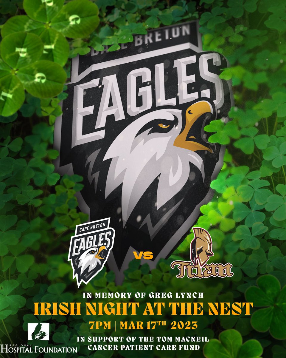 It's IRISH NIGHT AT THE NEST in memory of Greg Lynch, and in support of the <a href="/CBRHFoundation/">Cape Breton Regional Hospital Foundation</a>! 

Thanks to sponsors Cape Breton Beverages, Burger King, and S&amp;M Trucking we'll be raffling ALL game worn jerseys to those in attendance!

🎟️ linktr.ee/capebretoneagl… or 902-564-2200