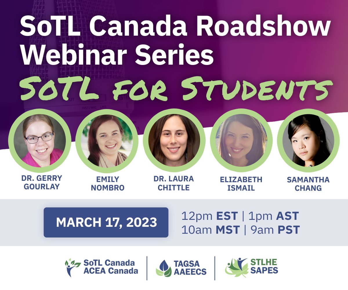 We're so happy to be hosting our SoTL for Students Roadshow next week March 17 @ 12pm Eastern with Gerry Gourlay, Emily Nombro, Laura Chittle, Elizabeth Ismal and Samantha Chang. <a href="/TAGSA_AAEECS/">TAGSA | AAEECS</a>
<a href="/SotlCan/">SoTL Canada</a>