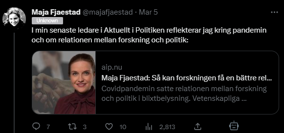 DavidSteadson's tweet photo. Sweden is a parody. 🤡

1. A former Deputy Health Minister, @majafjaestad, writes an article that we need to improve the relationship between science and politics

2. One of Sweden's most distinguished scientists politely points out an error in her article

3. She blocks him https://t.co/QKbLrNaPO6