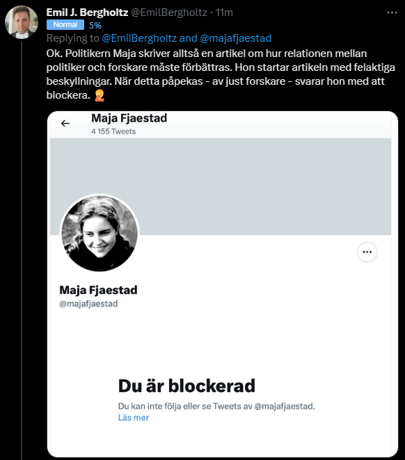DavidSteadson's tweet photo. Sweden is a parody. 🤡

1. A former Deputy Health Minister, @majafjaestad, writes an article that we need to improve the relationship between science and politics

2. One of Sweden's most distinguished scientists politely points out an error in her article

3. She blocks him https://t.co/QKbLrNaPO6
