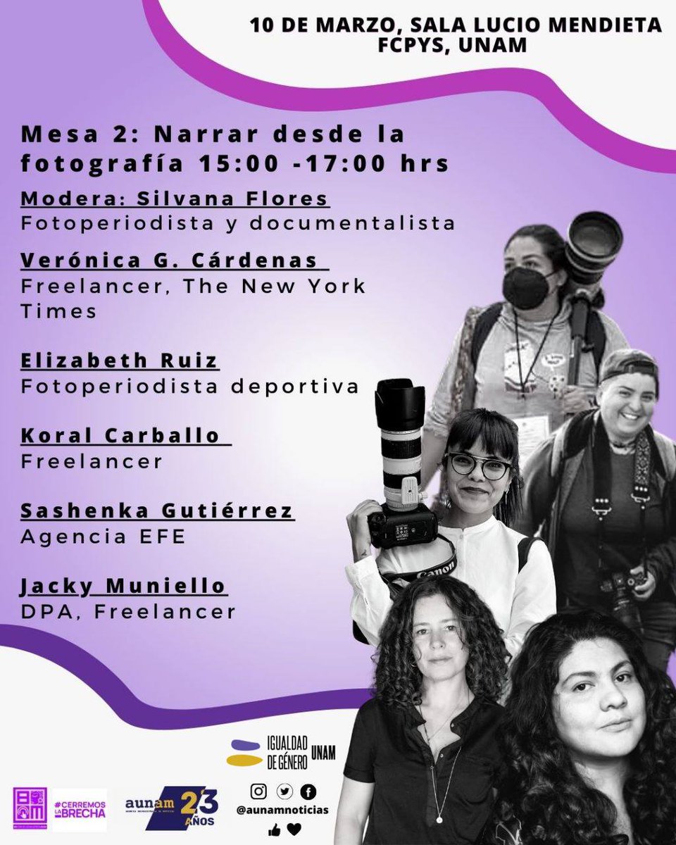UNAM_FCPyS's tweet photo. 🖊 Mujeres periodistas: construir nuevas narrativas 📷📲
🗓 10 de marzo
📍 Sala Lucio Mendieta y Núñez
🟪 Mesa 1: ¿Cómo contar historias en el periodismo?
13:00 hrs.
🟪 Mesa 2: Narrar desde la fotografía
16:00 hrs.
@AunamNoticias
#AUNAM #8M #CerremosLaBrecha #FCPyS #UNAM https://t.co/mOl903hHzW