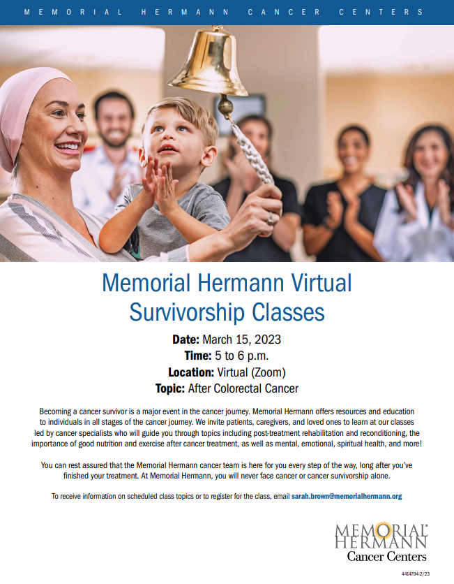 HoustonOncology's tweet photo. Please join our Survivorship Education class on Wednesday, March 15, 2023. Our very own Dr. Alex Nguyen (Medical Oncology) will be discussing Life After Colorectal Cancer.
Registration below
https://t.co/uLxXuRob3q
#colorectalcancer #colorrectalcancerawareness https://t.co/7LLqNk9NHz