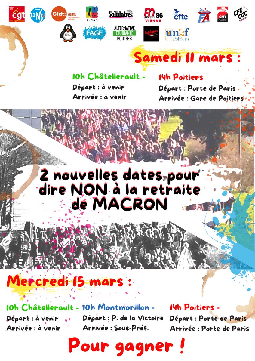 Fsu086's tweet photo. La mobilisation continue. Rdv samedi 11 mars et mercredi 15 mars 14h porte de Paris à Poitiers et dans d'autres villes de la Vienne (les dates seront mises à jour prochainement).
Soyons nombreu-ses : Pour GAGNER !
#ReformeDesRetraites https://t.co/min6fZBoQv
