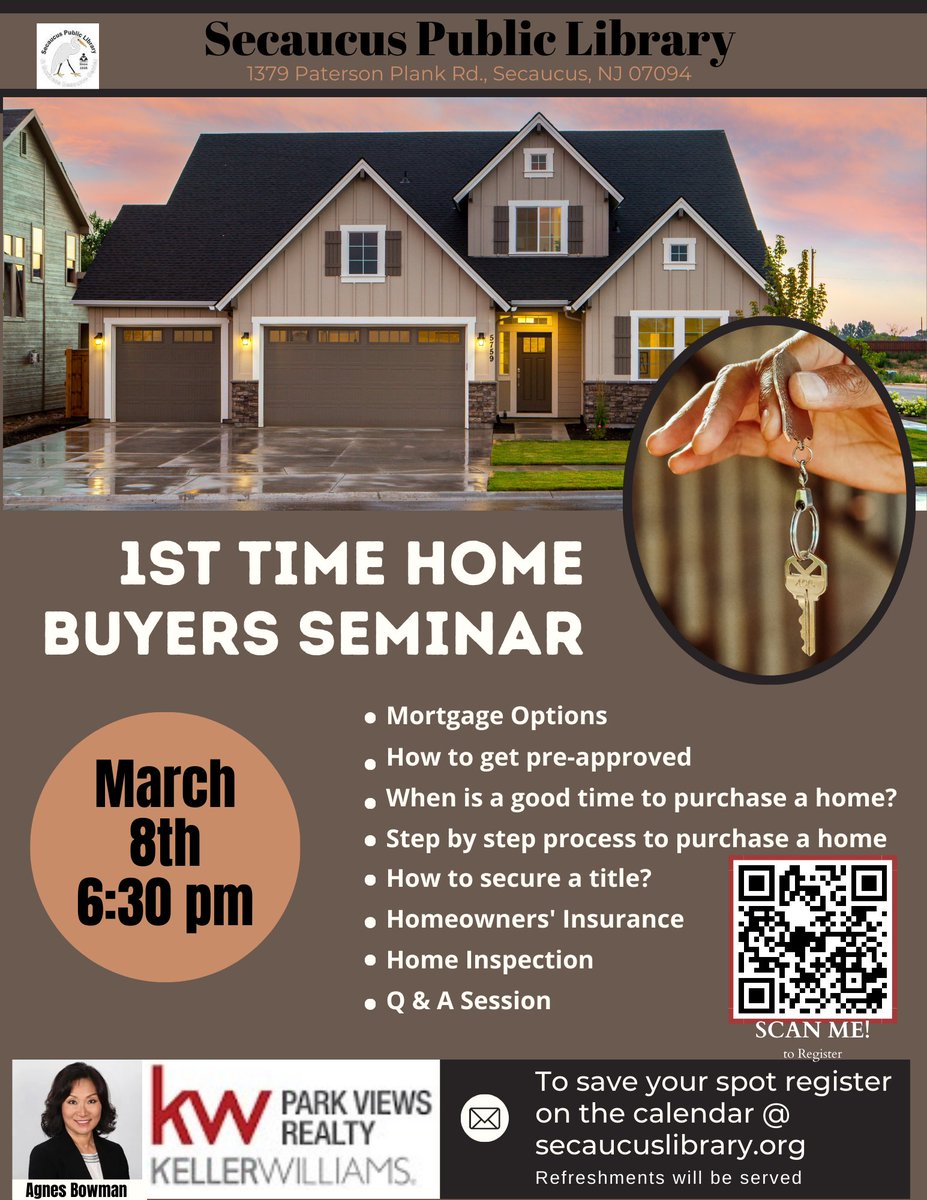 Come and join us on our First Time Home Buyer Seminar tonight!

Please register with QR code if not call Agnes's assistant at 551-288-1977.

---
#kw  #njrealestate  #realestate #realtor #realtorlife #realtorsoftwitter #secaucusrealestate #secaucuspatch  #homebuyerseminar