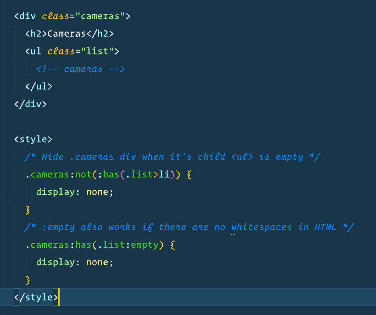 I just keep finding amazing use cases for CSS :has()

Hide a parent element, when a list inside is empty