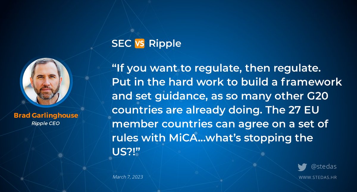 SEC 🆚 Ripple

“If you want to regulate, then regulate. The 27 EU member countries can agree on a set of rules with MiCA...what’s stopping the US?!”
- Brad Garlinghouse,  CEO <a href="/Ripple/">Ripple</a> $XRP #fintech