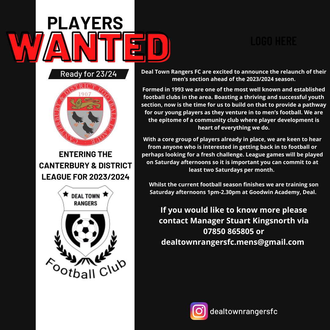 Players wanted for the new season 2023/2024. #dealtownrangers #dealtownrangersfc #dealkent #kentfootball #deal #grassroots #grassrootsfootball @purelyplayers @PTeamfinder @findaplayer