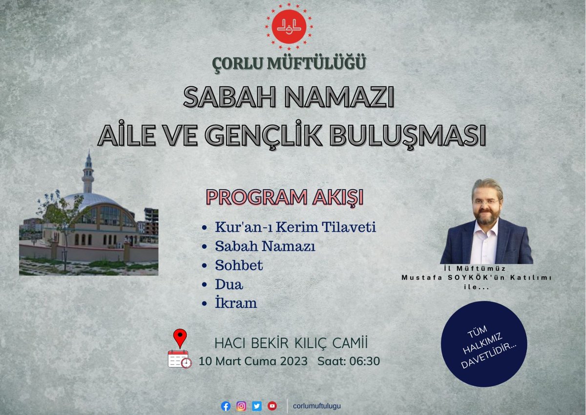 Cuma Sabahı Tekirdağ İl Müftümüz Mustafa SOYKÖK'ün teşrifiyle Haci Bekir Kılıç Camii'ndeyiz...
#mevlüthaliloğlu #çorlumüftülüğü #sabahnamazıbuluşması
#çorlu #hacibekirkiliccamii #keşfet