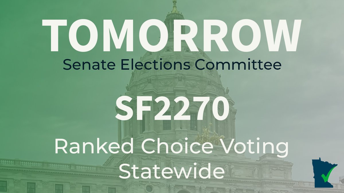 CleanMinnesota's tweet image. 🗓️TOMORROW! Ranked Choice Voting will be heard in the Senate Elections Committee! Be sure to join and show your support for this critical bill to strengthen our democracy! 

Sign up ➡️ secure.everyaction.com/biAPlZ_o3U-fYq…