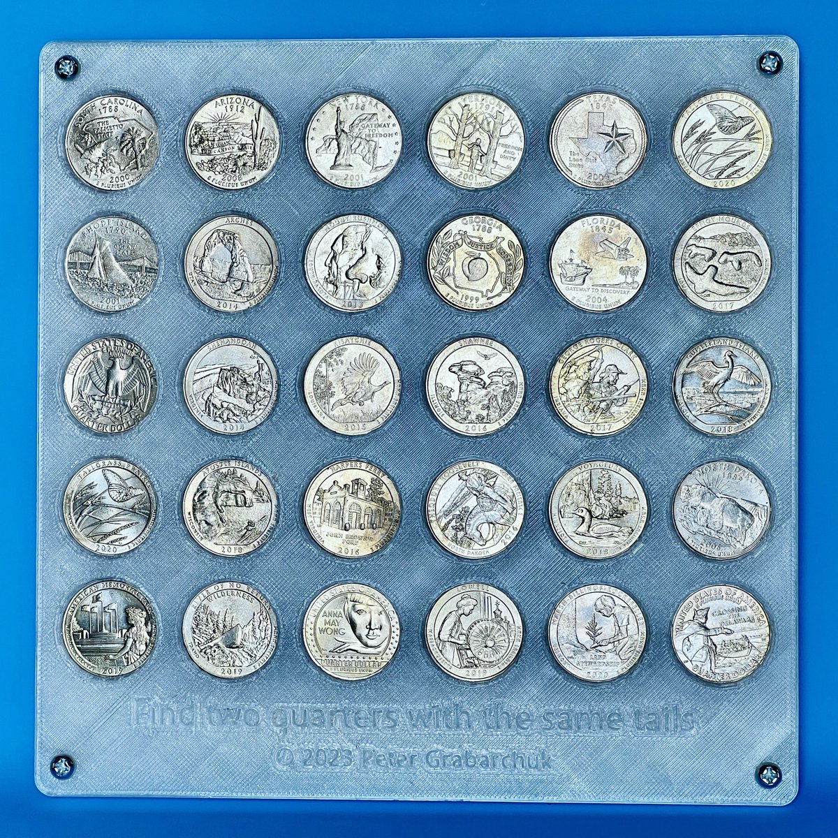 PuzzleMove's tweet photo. First US quarter coin was made in 1796. Since then there were several programs in which in total was made around 120 different reverse designs of quarters.

Can you find 2 quarters with the same tails among 30 below?

#puzzle #USquarter https://t.co/fyV1XoArMe
