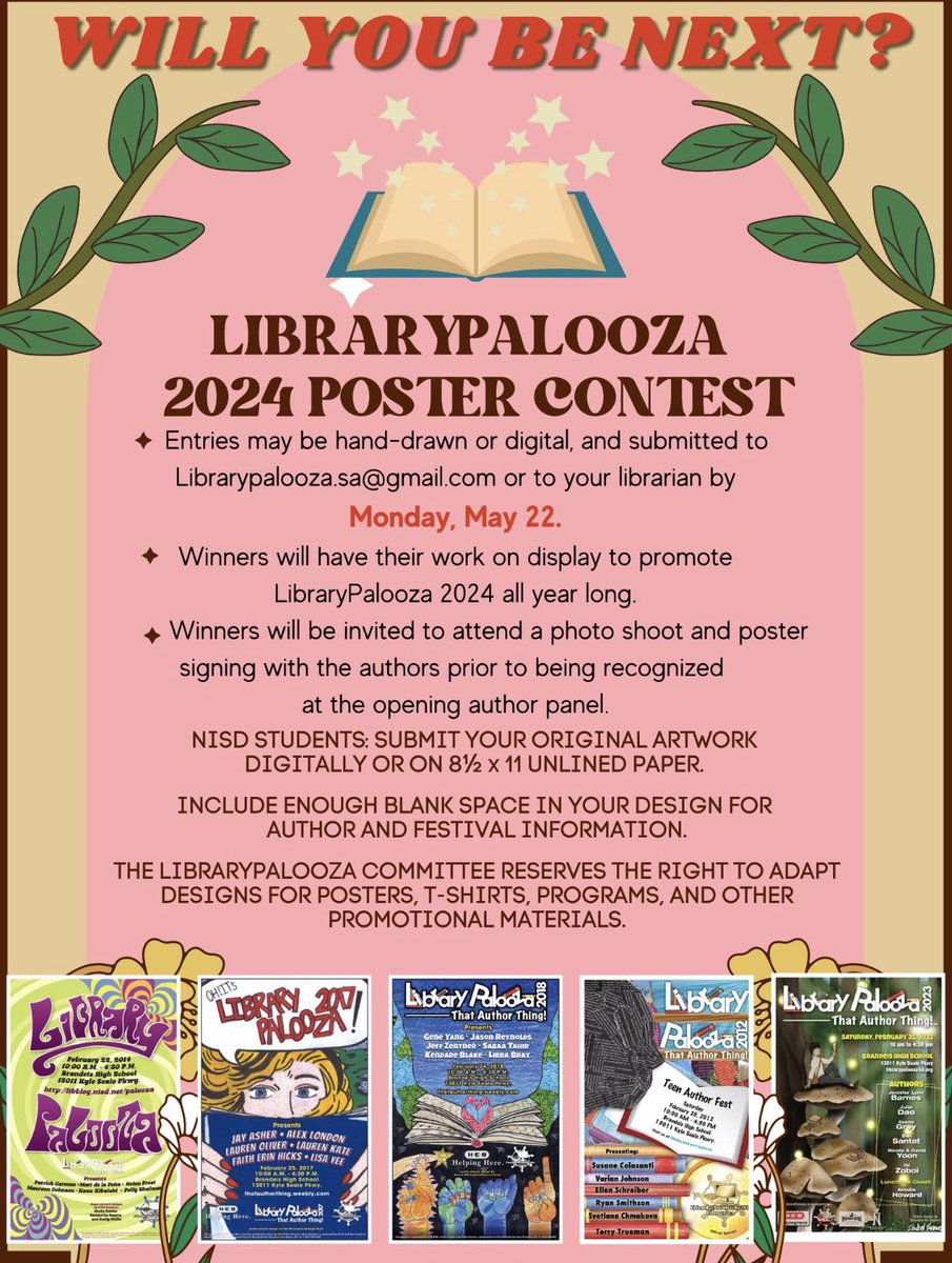 It’s that time! You have the opportunity to design next year’s Library Palooza poster!!! Wouldn’t that be cool?? Submit your artwork to me or email to librarypalooza.sa@gmail by May 22! ⁦@NISDWarren⁩ ⁦@NISDCCA⁩