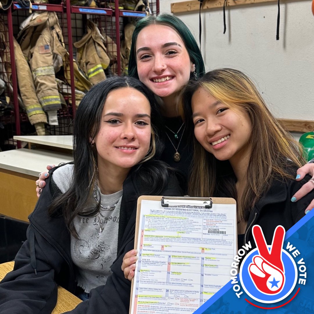 TomorrowWeVote's tweet photo. Registered 3 new young #Arizona #voters at Sunrise Mountain High School! #twv2023 ✌️⭐️ https://t.co/TIRYLRN6Cv
