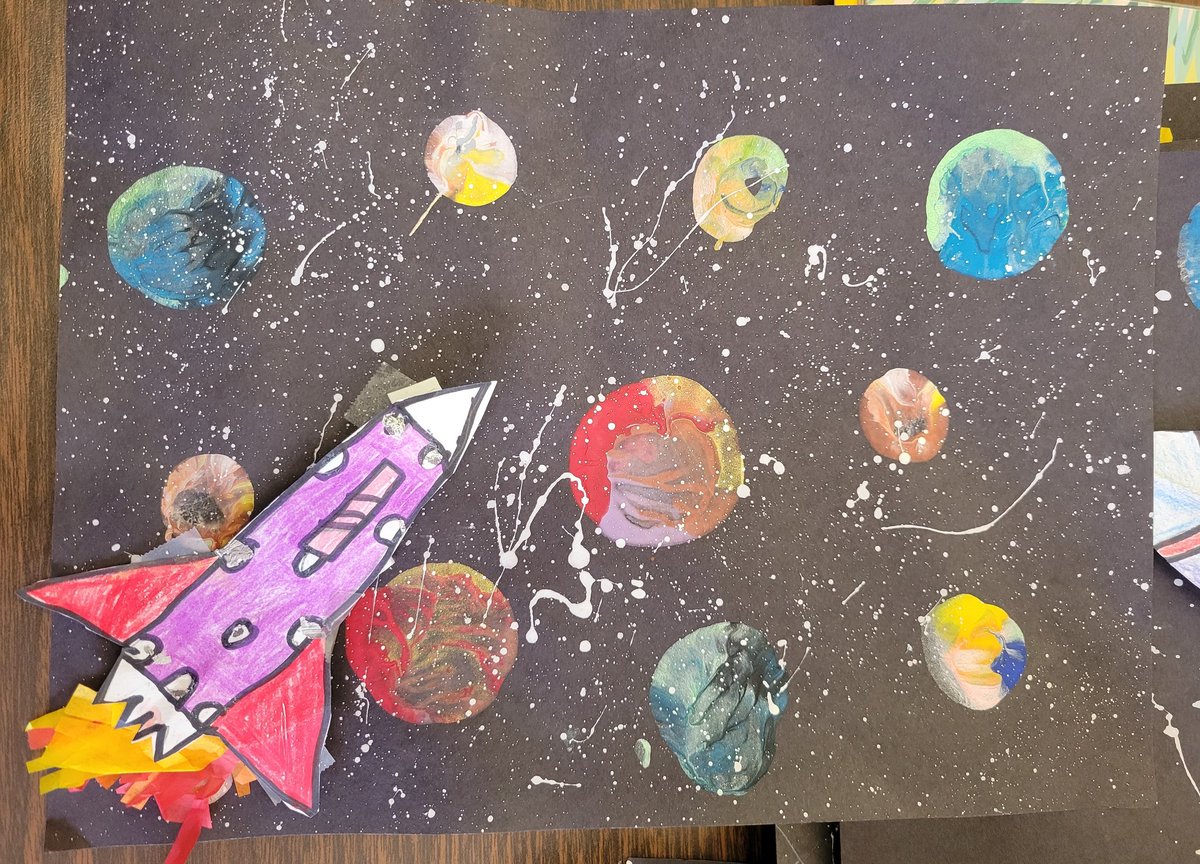 steam_TVLS's tweet photo. 3rd graders are finishing up their space art project that ties into their Wit and Wisdom unit.  These were a lot of fun!   Symmetrical rockets on a painted background.
#wearetuskyvalley
@TVTrojans https://t.co/V9g00ohqU2