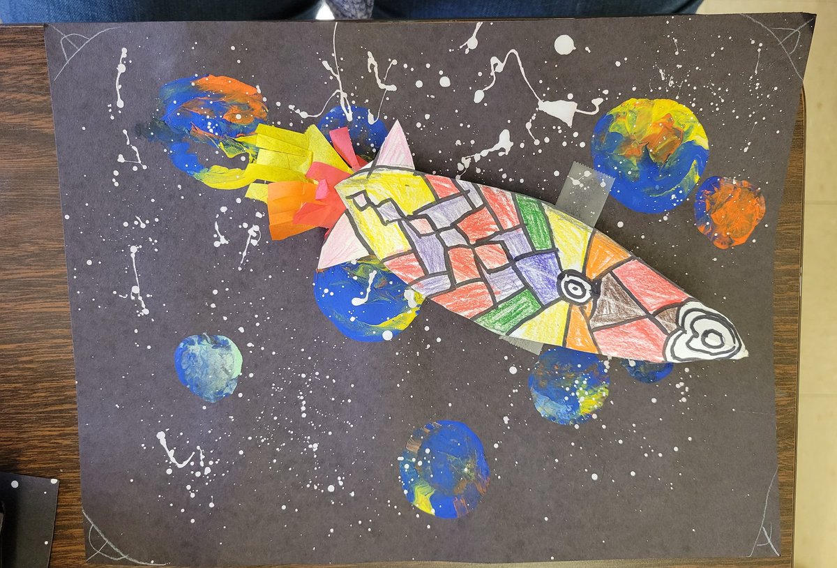 steam_TVLS's tweet photo. 3rd graders are finishing up their space art project that ties into their Wit and Wisdom unit.  These were a lot of fun!   Symmetrical rockets on a painted background.
#wearetuskyvalley
@TVTrojans https://t.co/V9g00ohqU2