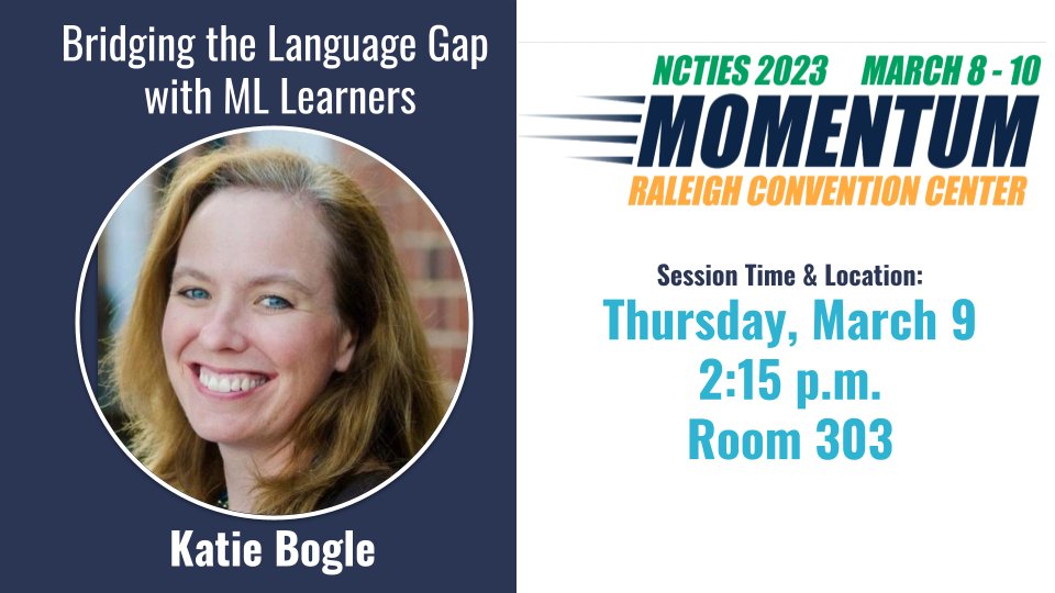 Do you have students who don't speak English? Come learn how to Bridge the Language Gap with them at #NCTIES23 on Thursday at 2:15 in Room 303!  #ncbold  #nced