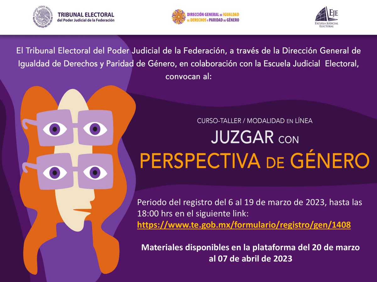 TEPJF_informa's tweet photo. 🔷Te invitamos a participar en el "Curso - taller: Juzgar con perspectiva de género", modalidad en línea.

✍️Inscríbete a través del siguiente enlace: https://t.co/ut7HV40NE6

🗓️Cierre de registro: 19 de marzo. https://t.co/IzEcka1kyk