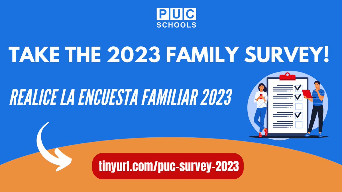 PARENTS : Please take the Family Survey! tinyurl.com/PUC-Survey-2023
You can obtain the survey password by contacting our school.

PADRES : ¡Por favor tome la Encuesta Familiar! tinyurl.com/PUC-Survey-2023
Puede obtener la contraseña de la encuesta comunicándose con nuestra escuela.