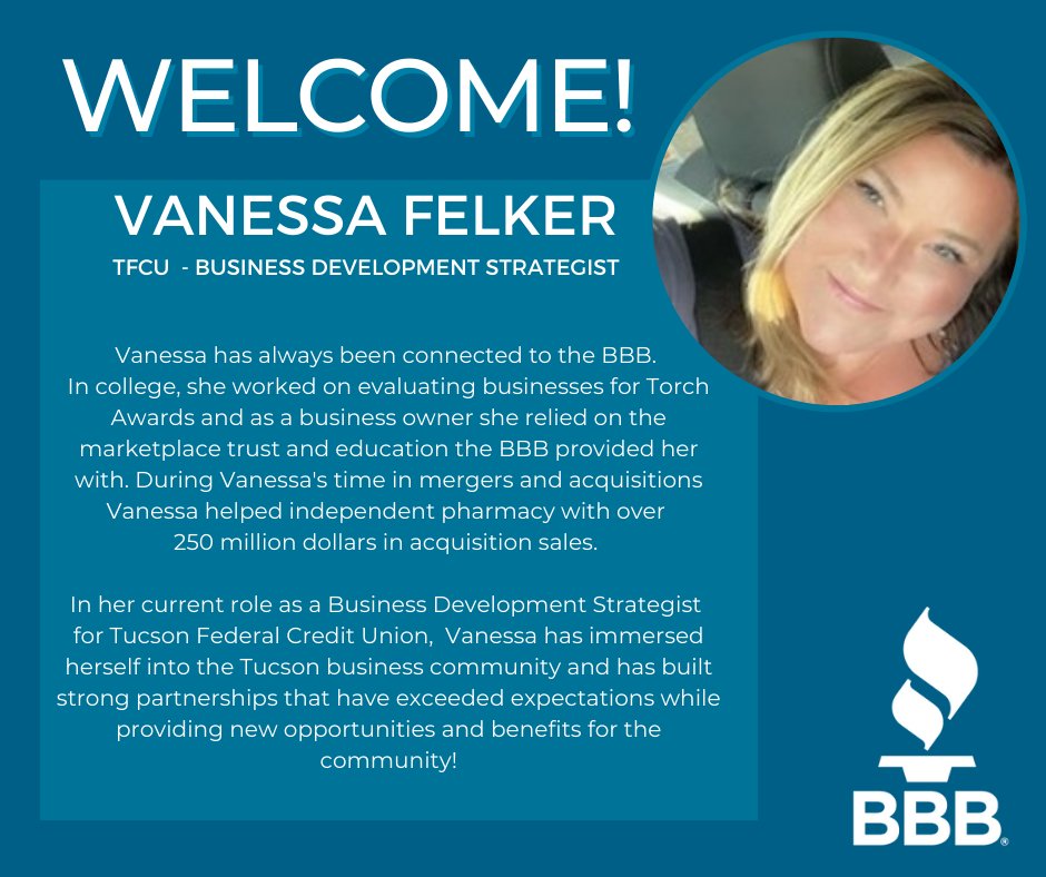 tucsonbbb's tweet photo. Your BBB Serving Southern Arizona is excited and proud to welcome Vanessa Felker from TFCU to our Board of Directors! We look forward to the fresh perspectives and expertise Vanessa brings! 👏 https://t.co/D8qYTqq8BF