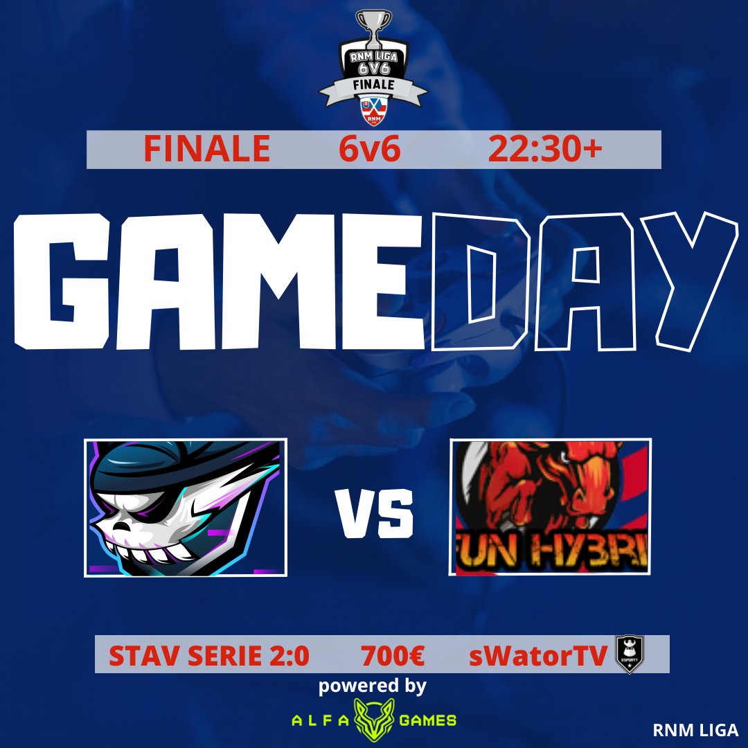 Dnes večer pokračuje finálová séria v 6v6 móde medzi Piráti Chomutov Esports  vs Taifun Hybridi. 
Stav série 2:0

twitch.tv/sWatorTV