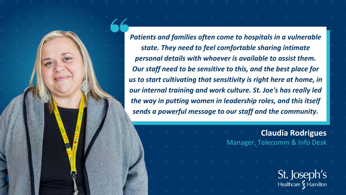 StJoesHamilton's tweet photo. Claudia Rodrigues is St. Joe’s Manager, Telecomm &amp; Info Desk. She says: "The greatest gift for women in leadership roles is also their greatest obligation: to lift up young women in the workplace and to make clear to their teams that they need to do that for each other.” https://t.co/cMDrEoCpl1