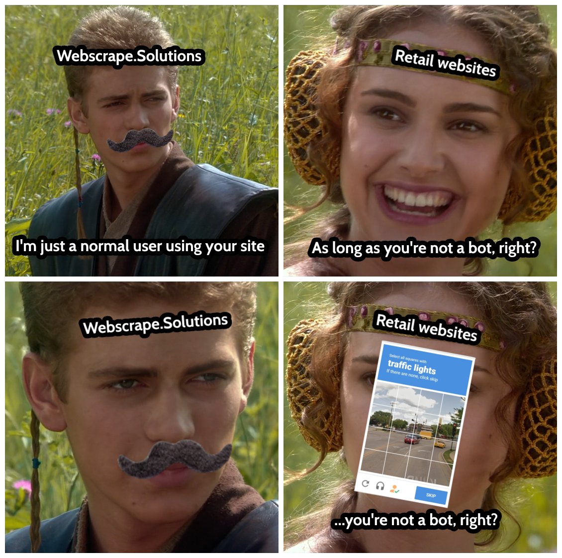 WebscrapeData's tweet image. Anakan't stand bots! 🥸
Check us out at Webscrape.Solutions to find actionable scrape data for your business.
#Memes #Bot #programmingmemes #Programming #100DaysOfCode
