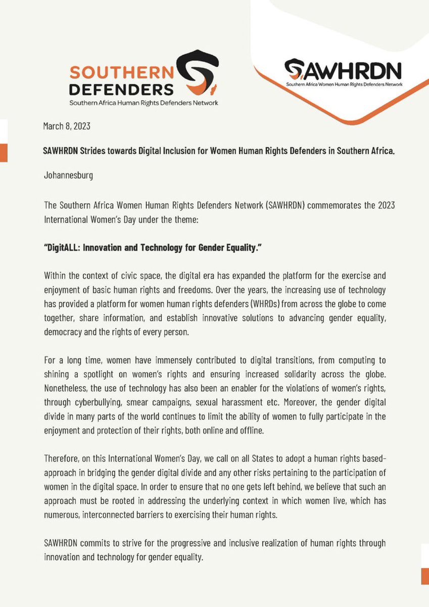 SAHRDNetwork's tweet photo. Happy #InternationalWomensDay! @SAWHRDN statement to commemorate the #lWD.
Together, let us accelerate gender equality & empowerment today for a more sustainable tomorrow! #DigitALL #StandWitHer https://t.co/hvqI0g55WM