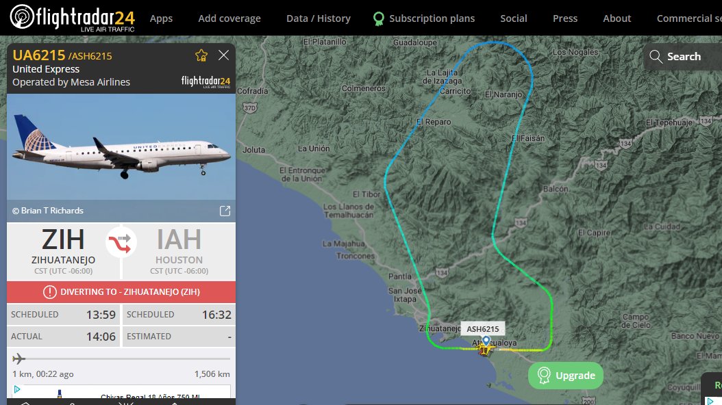 Vuelo #UA6215 #UnitedExpress  ZIH-IAH  se desvía a origen, causas desconocidas @flightradar24