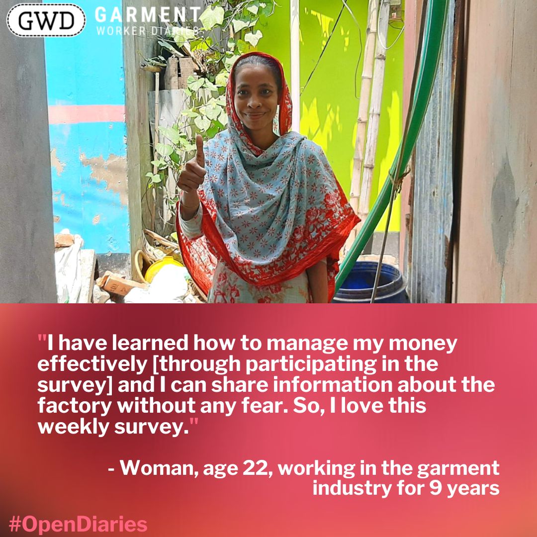workerdialogue's tweet photo. This week, #garmentworkers in #Bangladesh share with #OpenDiaries what the weekly Garment Worker Diaries surveys mean to them. Among other responses, 99% of workers reported that they liked participating in the survey. See here for the full slideshow: https://t.co/gHY5kPEsnS https://t.co/YA7v4A2jBa
