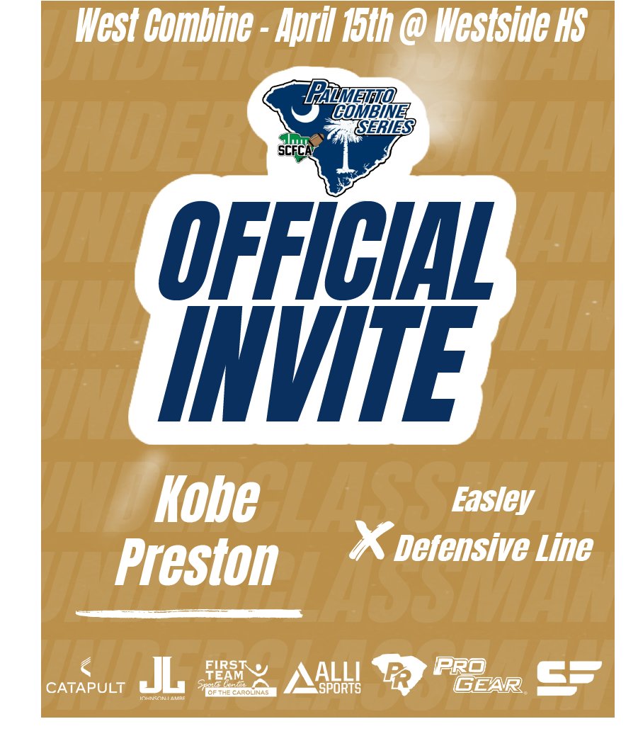 Carolinas Coaches Combine (@coachescombines) on Twitter photo Congratulations on being selected to the Underclassmen Palmetto Combine Series! See you in Anderson at Westside on April 15th at 2:00pm
#Palmetto23 #Emailtofollow #WestCombine
<a href="/kalabjsutton/">Kalab “kj”</a> <a href="/FootballEasley/">Easley Football</a> <a href="/coach_jdurrah/">Jordan Durrah</a>
Pre-Register:
zfrmz.com/rShWE4wcaPYaGb… Congratulations on being selected to the Underclassmen Palmetto Combine Series! See you in Anderson at Westside on April 15th at 2:00pm
#Palmetto23 #Emailtofollow #WestCombine
<a href="/kalabjsutton/">Kalab “kj”</a> <a href="/FootballEasley/">Easley Football</a> <a href="/coach_jdurrah/">Jordan Durrah</a>
Pre-Register:
zfrmz.com/rShWE4wcaPYaGb…