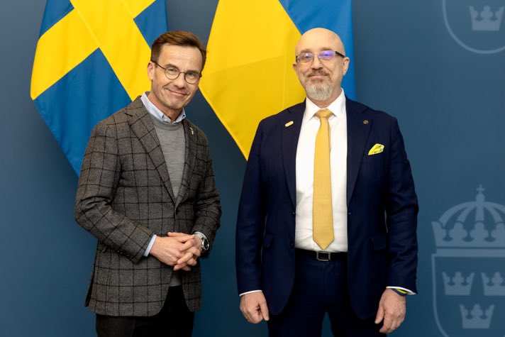 SwedishPM's tweet photo. Glad to get the chance to meet Ukraine's defense minister @oleksiireznikov today. Important discussion on Sweden's military and other support to Ukraine. Ukraine is not only defending its own security but also our security. https://t.co/A3Kx4phOx2
