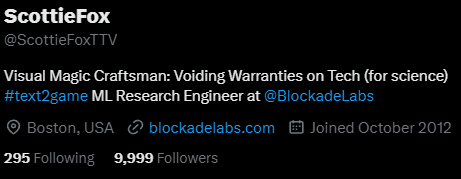 ScottieFoxTTV's tweet photo. I maxed out my follower count!
While you're celebrating with me, check out:
https://t.co/OMXH3ceBL2
#text2game #VR #skybox #ImmersiveDiffusion https://t.co/nCWB4w3Mxh