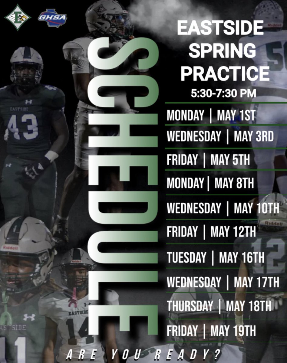 EastsideFB's tweet photo. 𝓒𝓸𝓾𝓷𝓽𝓭𝓸𝔀𝓷 𝓣𝓸 𝓢𝓹𝓻𝓲𝓷𝓰 𝓟𝓻𝓪𝓬𝓽𝓲𝓬𝓮
College Coaches We Cannot Wait To See You Come Check Out Our Players!
We Have Players With Grades & Talent!
@CoachCawthon @Mansell247 @RecruitGeorgia @BigFaceSportss @NEGARecruits
#WeBleedGreen🦅 #SpringPractice23 https://t.co/k8RRLRmObv