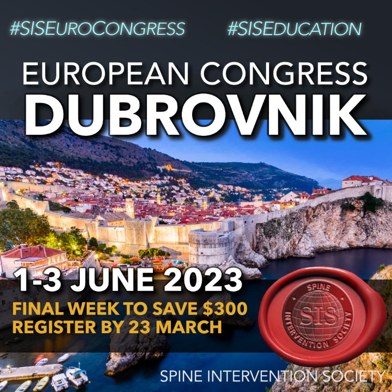 IPSISMed's tweet photo. This is the final week to save $300 on your registration for the 2023 #SISEuroCongress where you will enjoy #SISEducation #InterventionalPainMedicine lectures, question and answer time, and networking events at Sun Gardens Dubrovnik. #PainMedicine  #PainManagement