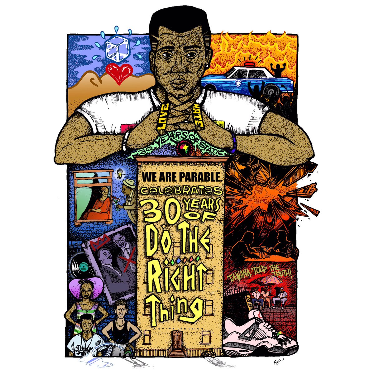 A BIG Happy 10th Anniversary to @weareparable 🥳🎉
———
Here’s a 2023 colourised version (spot the updated logo) of illustration for We Are Parable’s - “Do The Right Thing” 30th celebration back in 2019 at The Barbican.
#dotherightthing30 #spikelee #weareparable #thebarbican #art
