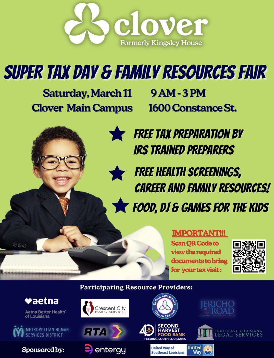 Please join us and our community partner, <a href="/CloverNola/">Clover New Orleans</a> for their Super Tax Day and Family Resources Fair!