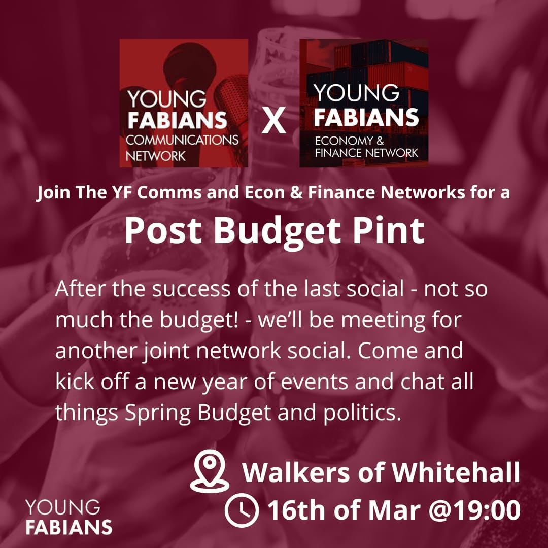 YFComms's tweet photo. Join @EconFinYF and us for a social to mark the Spring Budget. We’ll be at Walkers of Whitehall from 7pm on the 16th March. https://t.co/l32b804kde