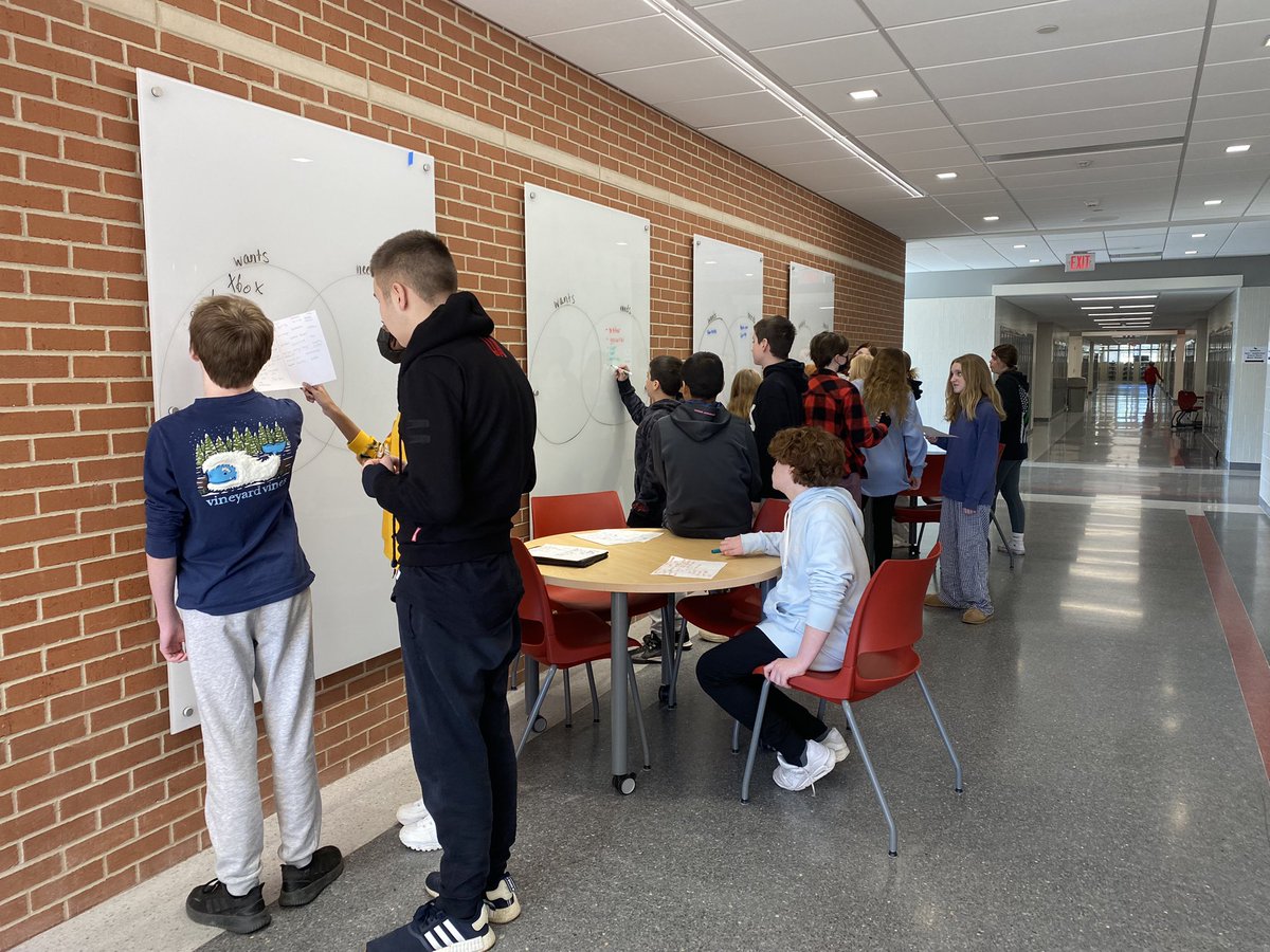 MsB_FCS's tweet photo. 7th grade used our new collaboration space whiteboards to work in groups and create Venn Diagrams to visualize wants and needs during our expenses unit this morning! #fcs #famcon #financialliteracy #personalfinance #middleschool #udbestday #srms #udsd https://t.co/5OzCtr75Mw