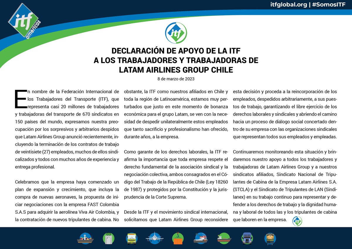 ITF_Americas's tweet photo. #Chile 🇨🇱 
La #ITF declara su solidaridad con los 27 tripulantes  de la empresa #LatamAirlines que han sido despedidos de forma sorpresiva y arbitraria. Demandamos a la empresa reconsiderar esta lamentable decisión y apoyamos a nuestros afiliados #STCLA y #Sindilanex. 

#SomosITF https://t.co/lkVhXsT3MN