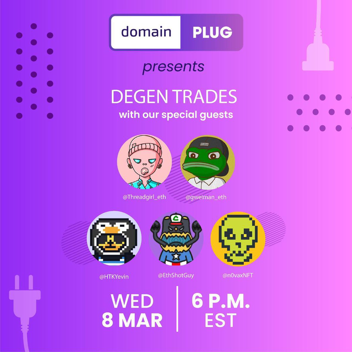 endermanDOTeth's tweet photo. Come kick it with the #DomainPlug crew on our #DegenTrades space today ๐๐
๐Set Alertโ
https://t.co/7zdYUhSPcU
@domainplug_io @BloomCapital_ @ThreadGirl_eth @gweiman_eth @EthShotGuy @HTKYevin https://t.co/C4mPJyCkhz