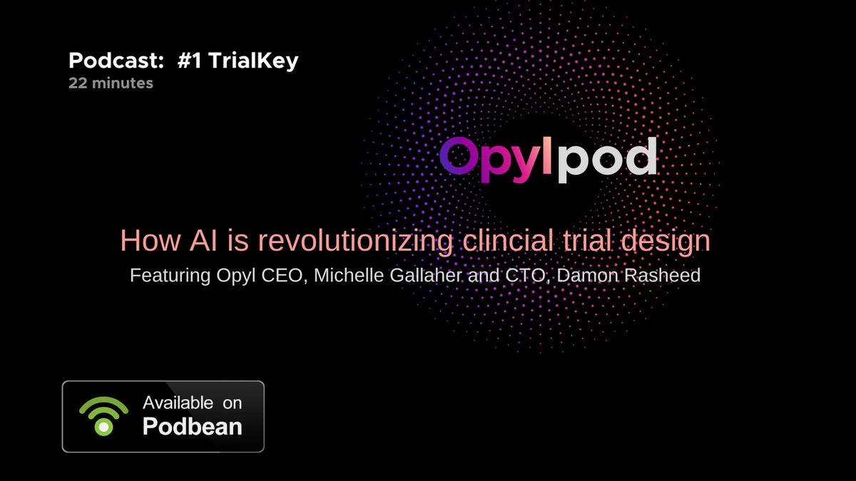 Opyl (@opylai) on Twitter photo Curious about how #AI is impacting #clinicaltrials? Come over and listen to the chat between our CEO <a href="/StartupShelley/">Michelle Gallaher</a> and CTO Damon Rasheed in our first podcast of the OpylPod series. 22 minutes podbean.com/ew/pb-yymvr-13… Curious about how #AI is impacting #clinicaltrials? Come over and listen to the chat between our CEO <a href="/StartupShelley/">Michelle Gallaher</a> and CTO Damon Rasheed in our first podcast of the OpylPod series. 22 minutes podbean.com/ew/pb-yymvr-13…
