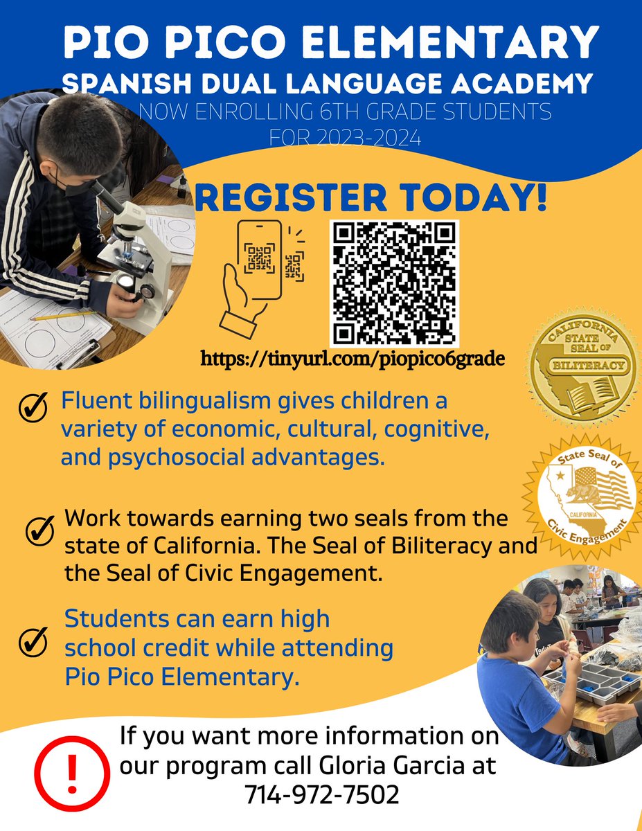 PioPicoPalomas's tweet photo. #SantaAna do you have a child attending a Spanish dual language program? Pio Pico is currently enrolling 6th grade students for the 2023-2024 school year! 🕊️#santaanaunifiedschooldistrict #santaanacalifornia #spanishduallanguageimmersion #bilingual 🕊️ https://t.co/BsHSA5R4BG