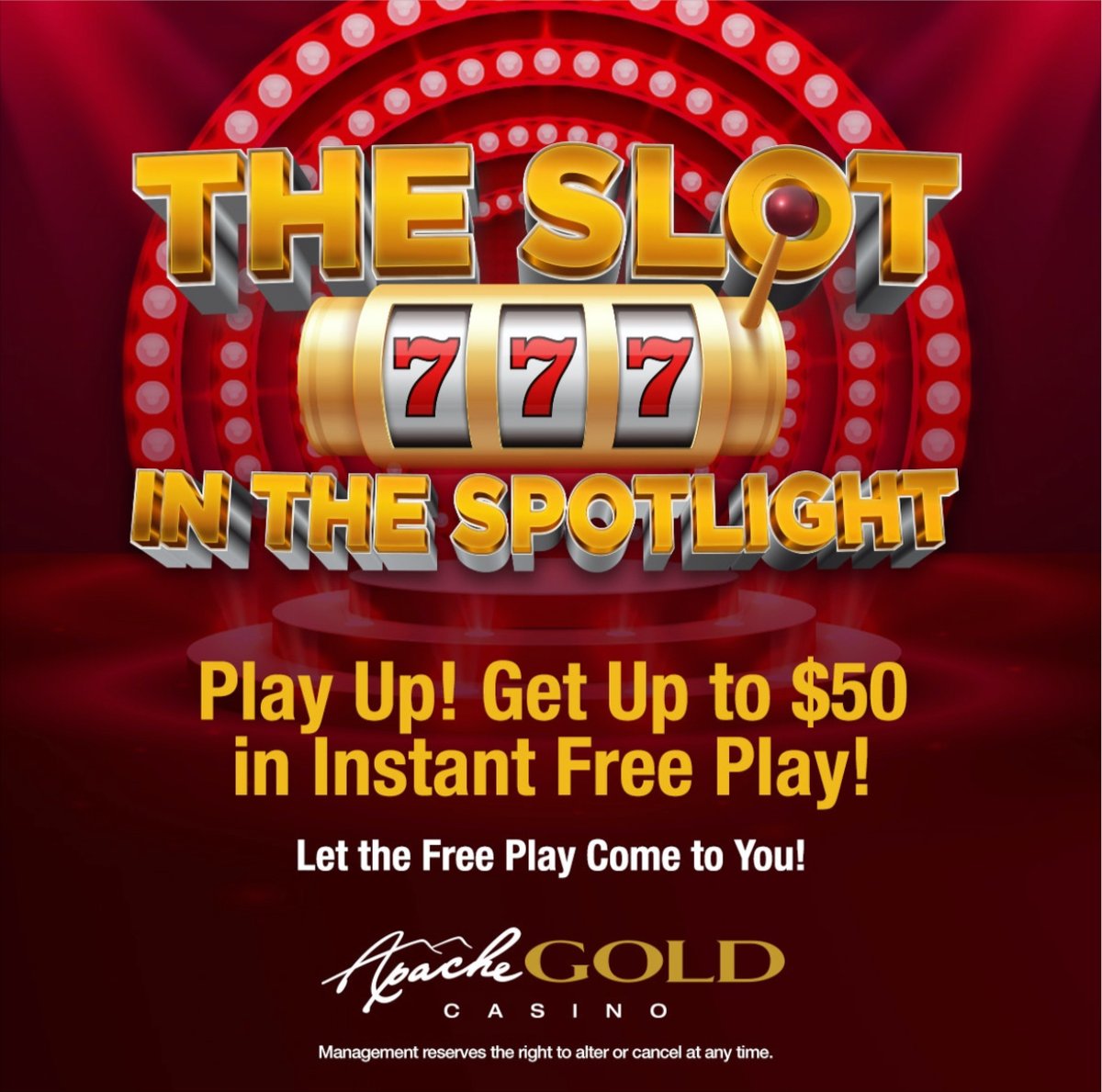 ApacheGoldCR's tweet photo. 🎰 Join us this month for The Slot In The Spotlight! You can win up to $50 in Instant FREE Play! Will you be there?!
#casinotime #freeplay #Slots #apachegoldcasino https://t.co/aOW6c5JXjW